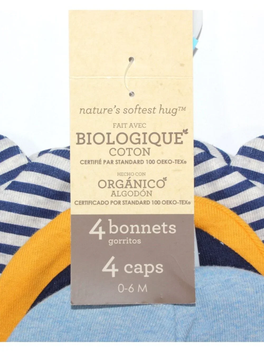 Just Born Baby Boys' 4-pk 100% Organic Cotton Solid Stripes Printed Baby Caps